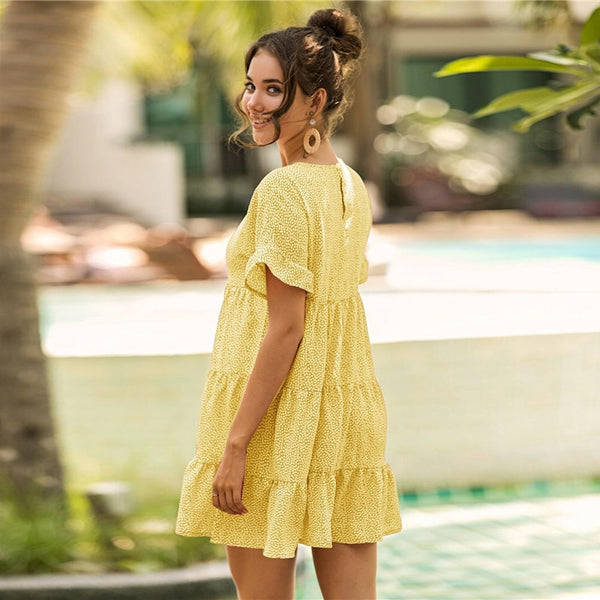 Red Ditsy Floral Print Ruffle Hem Smock Dress Women Summer O-neck Ruffle Hem Loose Boho Cute Mini Chiffon Dresses | Vimost Shop.
