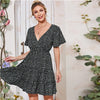 Green Ditsy Floral Surplice Front Ruffle Hem Dress Women V Neck Short Sleeve Summer Boho High Waist Short A Line Dresses | Vimost Shop.