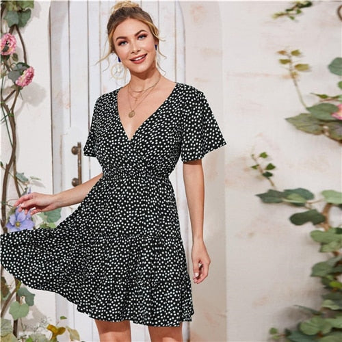 Green Ditsy Floral Surplice Front Ruffle Hem Dress Women V Neck Short Sleeve Summer Boho High Waist Short A Line Dresses | Vimost Shop.