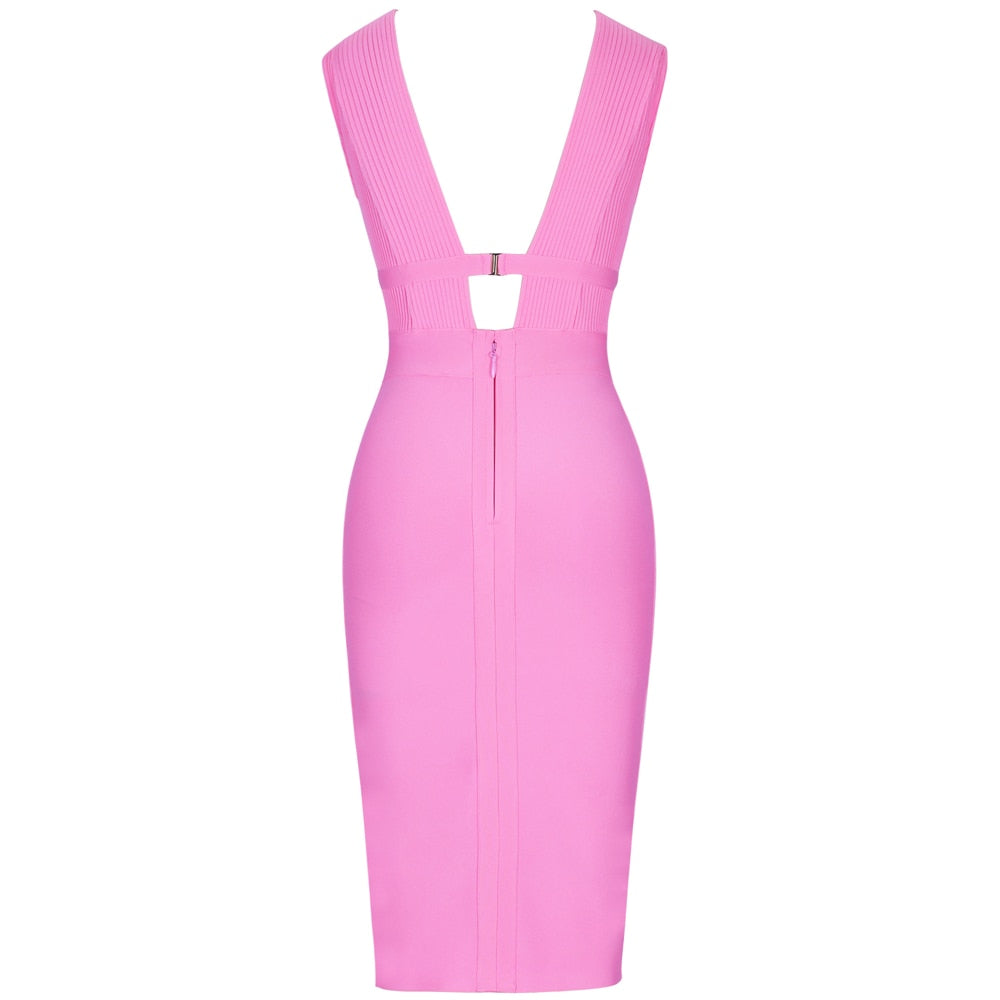 Women Cut Out Bandage Dress Bodycon Sexy Double Deep v Neck Pink Bandage Dress Rayon Evening Party Dress | Vimost Shop.