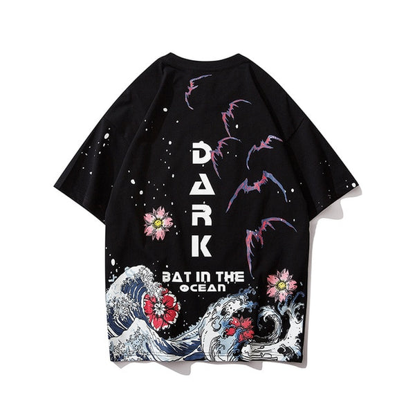 Men Streetwear Japanese Sakura Waves Tshirt Short Sleeve Cotton Harajuku T-Shirt Oversize Japan Tees | Vimost Shop.
