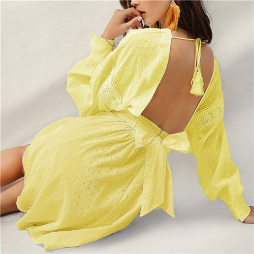 Lady Sexy Guipure Lace Dot Jacquard Knot Backless Deep V Neck Mini Dress Women Spring Boho Fit and Flare Midi Dress | Vimost Shop.
