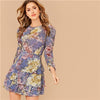 Allover Botanical Print Gigot Sleeve Layered Hem Chiffon Dress Women Spring O-neck High Waist Short A Line Boho Dresses | Vimost Shop.