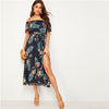 Navy Tropical Print Tassel Trim Split Thigh Belted Bardot Dress Women Summer Off the Shoulder High Waist Boho Long Dresses | Vimost Shop.