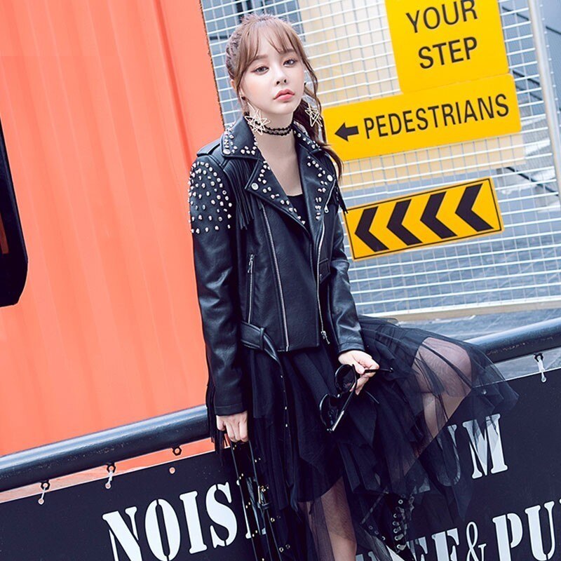 Fringed Rivet Punk Leather Jacket Women PU Leather Jacket Locomotive Short Coat motorcycle Outerwear Ladies Coats | Vimost Shop.