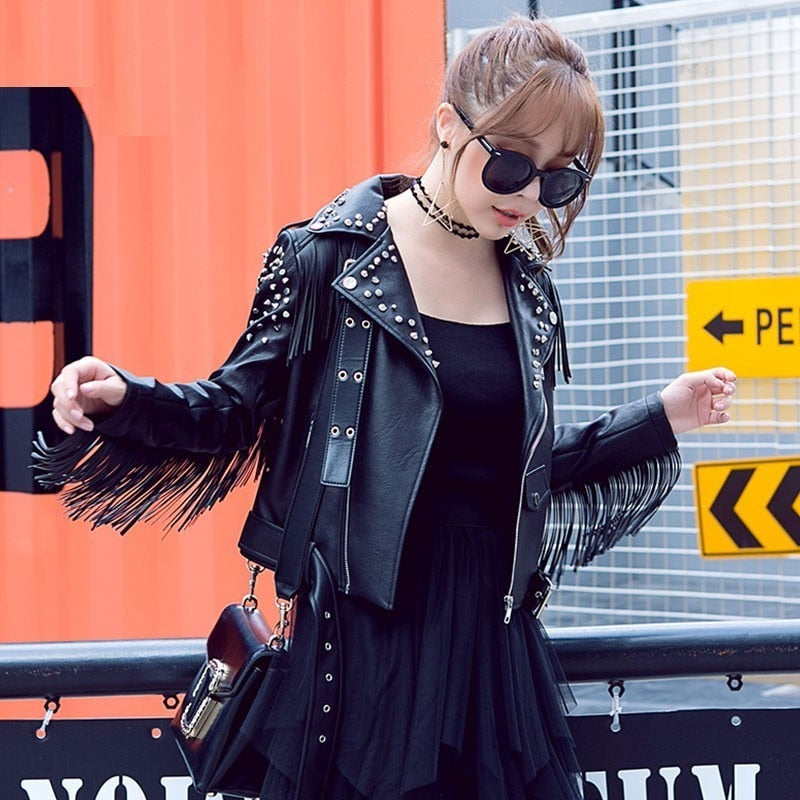 Fringed Rivet Punk Leather Jacket Women PU Leather Jacket Locomotive Short Coat motorcycle Outerwear Ladies Coats | Vimost Shop.