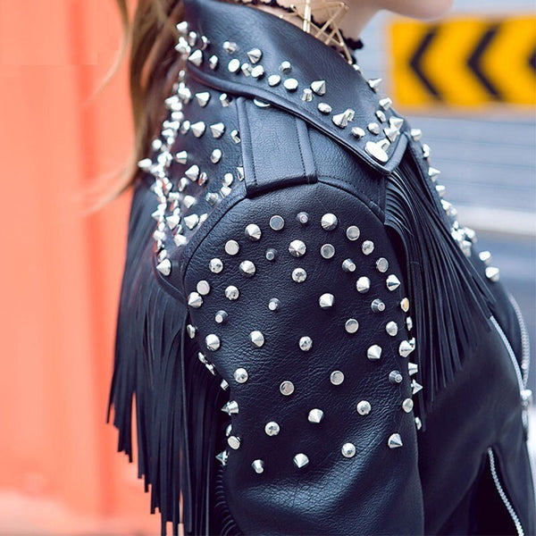 Fringed Rivet Punk Leather Jacket Women  PU Leather Jacket Locomotive Short Coat motorcycle Outerwear Ladies Coats | Vimost Shop.