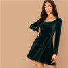 Solid Square Neck Flared Elegant Velvet Dress Women Spring High Waist Long Sleeve Ladies Fit And Flare Party Short Dresses | Vimost Shop.