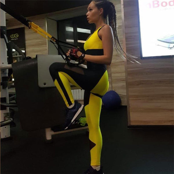 Yellow Black Women Sexy Fitness Yoga Suit Mesh Patchwork Backless Sports Jumpsuit Gym Training Clothes Female One-piece Sets | Vimost Shop.