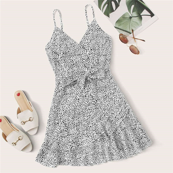Surplice Wrap Belted Dalmatian Print Ruffle Hem Cami Dress Women Summer Asymmetrical Hem Boho Short Dresses | Vimost Shop.