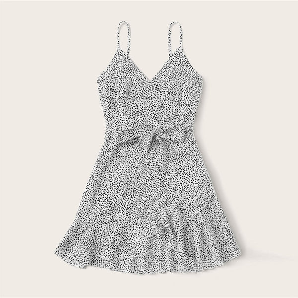Surplice Wrap Belted Dalmatian Print Ruffle Hem Cami Dress Women Summer Asymmetrical Hem Boho Short Dresses | Vimost Shop.