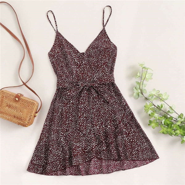 Surplice Wrap Belted Dalmatian Print Ruffle Hem Cami Dress Women Summer Asymmetrical Hem Boho Short Dresses | Vimost Shop.