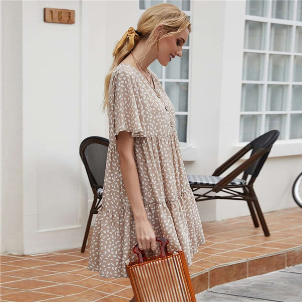 Khaki Allover Print Flutter Sleeve Buttoned Babydoll Dress Women Summer High Waist Loose Cute Smock Short Dresses | Vimost Shop.