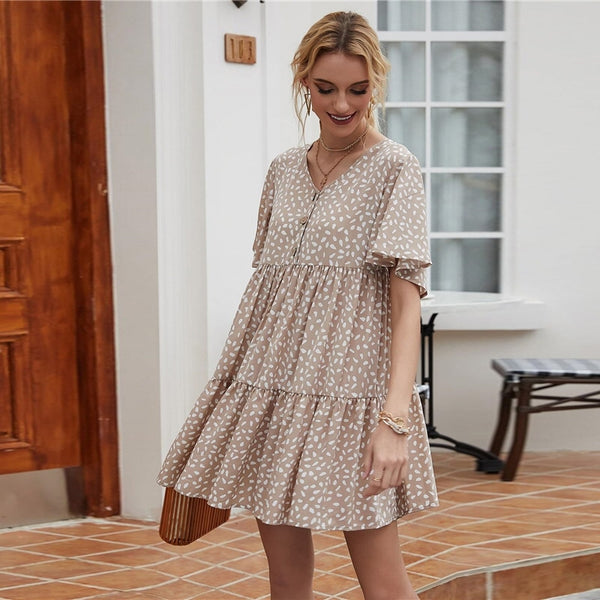 Khaki Allover Print Flutter Sleeve Buttoned Babydoll Dress Women Summer High Waist Loose Cute Smock Short Dresses | Vimost Shop.