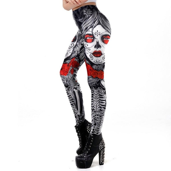Halloween Sugar Skull Leggings For Women Girl Rose Print Fantastic Workout Party Ankle Pant | Vimost Shop.