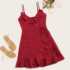 Ruffle Detail Self Tie Wrap Slip Mini Dress Women Boho Sleeveless V Neck Summer Dress Ladies Slim Beach Dress