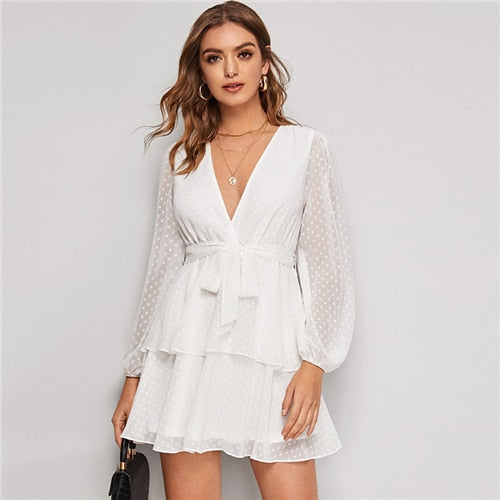 Purple Deep V Neck Double Layer Hem Swiss Dot Dress Women Autumn Bishop Sleeve Sexy Ladies Belted Short Dresses | Vimost Shop.