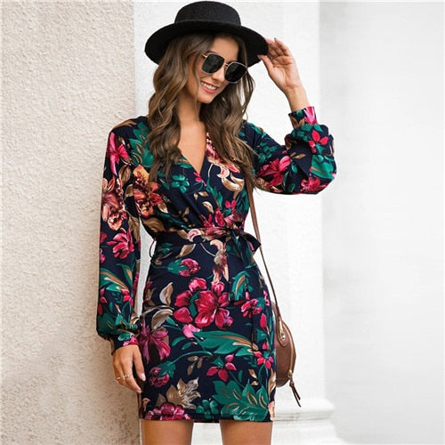 V Neck Floral Print Casual Belted Pencil Dress Streetwear High Waist Multicolor Short Dresses | Vimost Shop.