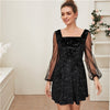 Galaxy Print Contrast Sheer Mesh Sleeve Christmas Velvet Dress Women Spring Square Neck A Line Party Short Flared Dresses | Vimost Shop.