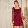 Galaxy Print Contrast Sheer Mesh Sleeve Christmas Velvet Dress Women Spring Square Neck A Line Party Short Flared Dresses | Vimost Shop.