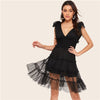 Shoulder Knot Plunging Neck Mesh Lace Dress Women Romantic Sleeveless Deep V Neck Midi Dress A Line Pink Summer Dress | Vimost Shop.