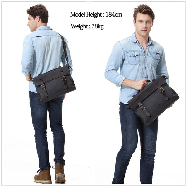 Men Vintage Briefcase Genuine Leather Canvas Messenger Bag for Men Business Shoulder Bag Fits 14 inch Laptop Handbag | Vimost Shop.