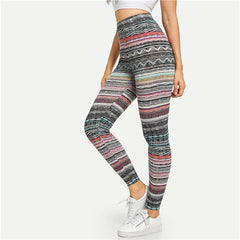 Multicolor High Waist Tribal Print Leggings Casual Geometric Striped Pants Women Stretchy Autumn Sexy Sporting Trousers