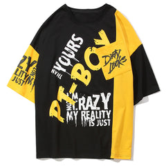 Men Color Patchwork Letter Print Male Short Sleeve Hip Hop Tops Summer T Shirt Couple Harajuku Streetwear