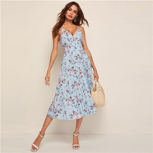 Yellow Surplice Neck Pleated Floral Cami Dress Women Summer Sleeveless High Waist Boho Wrap Long Dresses | Vimost Shop.