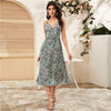 Yellow Surplice Neck Pleated Floral Cami Dress Women Summer Sleeveless High Waist Boho Wrap Long Dresses | Vimost Shop.
