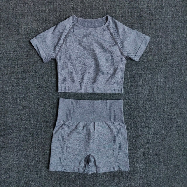 Seamless Women Yoga Set Crop Top Short Sleeve Shirt Fitness Shorts Workout Clothes For Women Gym Clothing Yoga Sport Set