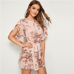 Pastel Pink Split Sleeve Self Belted Floral Print Dress Women Summer Boat Neck Bohemian Ladies Straight Short Dresses