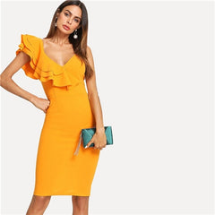 Sleeveless Ruffle Layered Flounce Trim Split Back V Neck Party Bodycon Dress Women Summer Knee Length Slim Pencil Dress