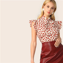 Elegant Red Bow Tie Neck Ruffle Trim Petal Print Top Blouse Workwear Sleeveless Blouses