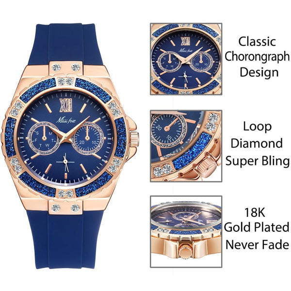 Women's Watches Chronograph Rose Gold Sport Watch Ladies Diamond Blue Rubber Band Xfcs Analog Female Quartz Wristwatch | Vimost Shop.