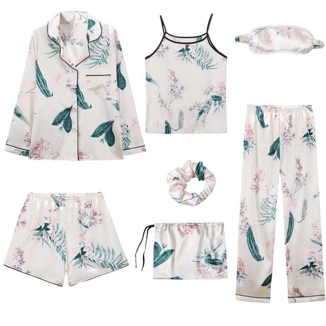 Women 7 Pieces Pajamas Sets Stain Faux Silk Sleepwear | Vimost Shop.