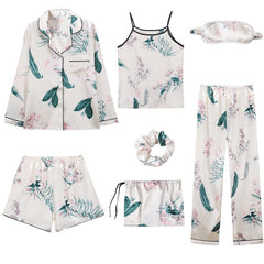 Women 7 Pieces Pajamas Sets Stain Faux Silk Sleepwear