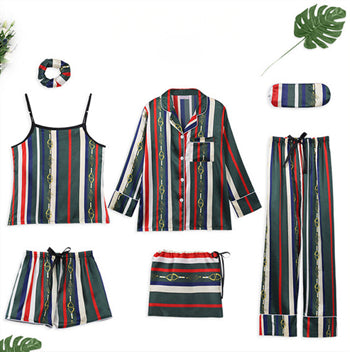 Women 7 Pieces Pajamas Sets Stain Faux Silk Sleepwear | Vimost Shop.