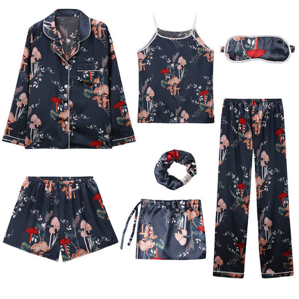 Women 7 Pieces Pajamas Sets Stain Faux Silk Sleepwear | Vimost Shop.