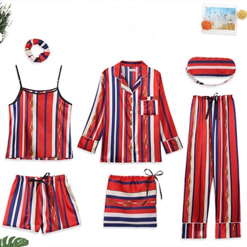Women 7 Pieces Pajamas Sets Stain Faux Silk Sleepwear | Vimost Shop.