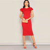 Red Layered Ruffle Sleeve Crisscross Back Bodycon Dress Women Summer Elegant Sleeveless Solid Slim Midi Party Dress | Vimost Shop.