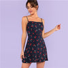 SHEIN Multicolor Weekend Casual Allover Cherry Print Natural Waist Short Spaghetti Strap Cami Dress Summer Women Going Out Dress | Vimost Shop.
