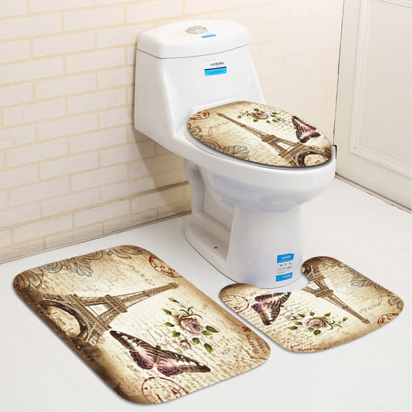 Paris Tower Landscape 3D Waterproof Shower Curtains Bathroom Curtain Sets Anti Slip Pedestal Rug Lid Toilet Cover Bath Mat Set | Vimost Shop.