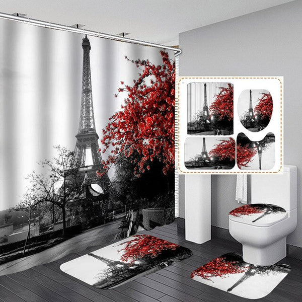 Paris Tower Landscape 3D Waterproof Shower Curtains Bathroom Curtain Sets Anti Slip Pedestal Rug Lid Toilet Cover Bath Mat Set | Vimost Shop.