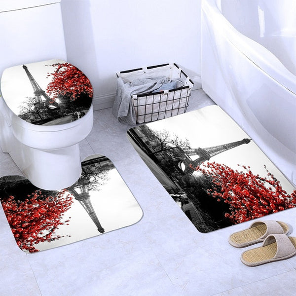 Paris Tower Landscape 3D Waterproof Shower Curtains Bathroom Curtain Sets Anti Slip Pedestal Rug Lid Toilet Cover Bath Mat Set | Vimost Shop.