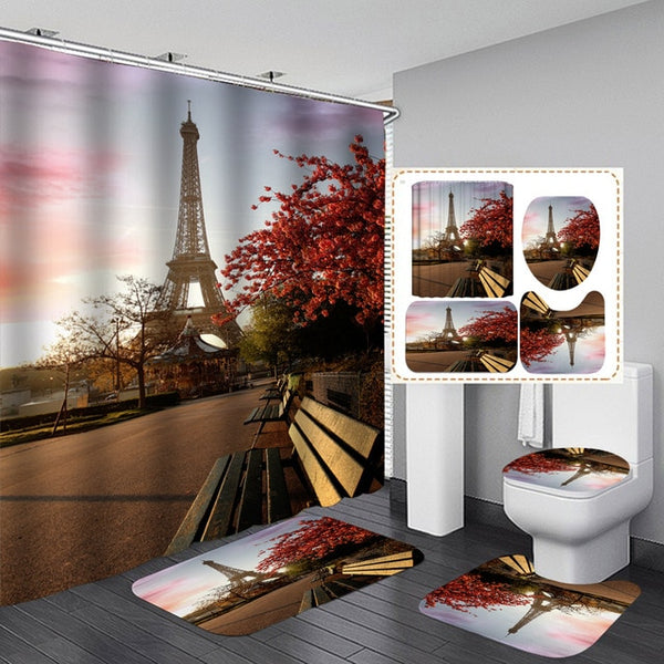 Paris Tower Landscape 3D Waterproof Shower Curtains Bathroom Curtain Sets Anti Slip Pedestal Rug Lid Toilet Cover Bath Mat Set | Vimost Shop.