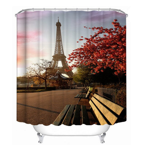 Paris Tower Landscape 3D Waterproof Shower Curtains Bathroom Curtain Sets Anti Slip Pedestal Rug Lid Toilet Cover Bath Mat Set | Vimost Shop.