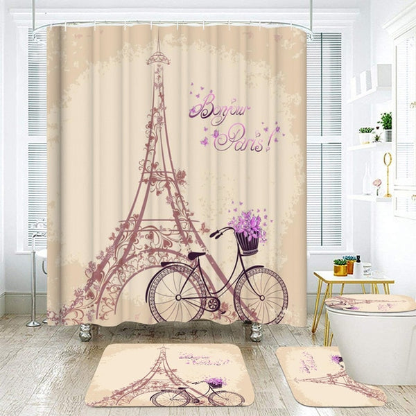 Paris Tower Landscape 3D Waterproof Shower Curtains Bathroom Curtain Sets Anti Slip Pedestal Rug Lid Toilet Cover Bath Mat Set | Vimost Shop.