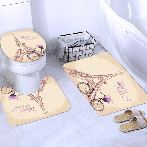 Paris Tower Landscape 3D Waterproof Shower Curtains Bathroom Curtain Sets Anti Slip Pedestal Rug Lid Toilet Cover Bath Mat Set | Vimost Shop.