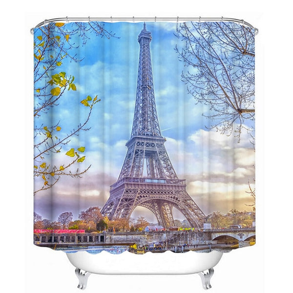 Paris Tower Landscape 3D Waterproof Shower Curtains Bathroom Curtain Sets Anti Slip Pedestal Rug Lid Toilet Cover Bath Mat Set | Vimost Shop.